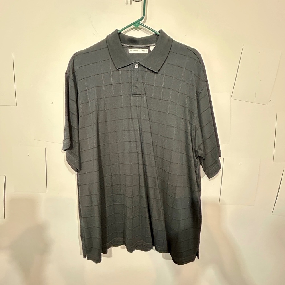 Geoffrey Beene Polo Shirt L Black Short Sleeve Grid Pattern Casual Mens